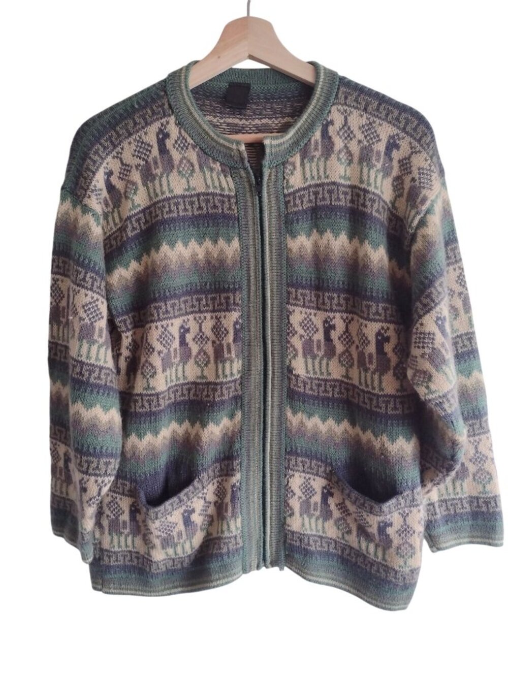 Peruvian Alpaca Wool Sweater M Green Beige Llama Pattern Soft Zip Front
